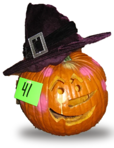 A carved pumpkin wearing a purple witch hat, entry number 41, sitting on pine needles